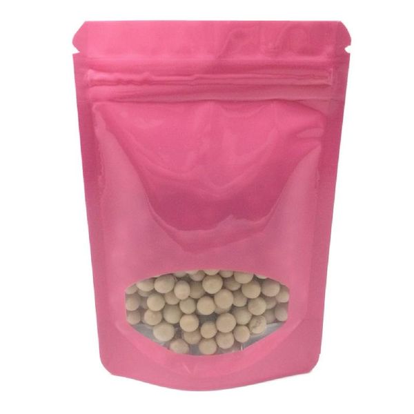 

storage bags 100pcs/lot stand up glossy pink aluminum foil with window self sealable pouches zipper retail food spices pack bag