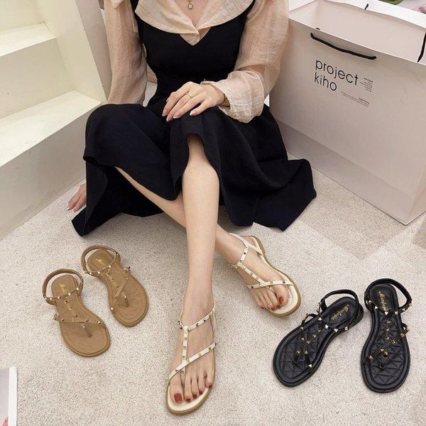 

sandals women rivet clip toe shoes summer flat elastic narrow band slip on fashion ladies flip flops comfort non-slip footwear, Black