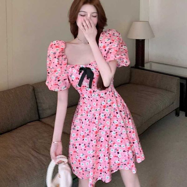 

women dress summer fashion sweet bow square collar puff sleeve high waist elegant pink flowers mini vestidos 210526, Black;gray