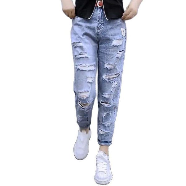 

women's pants & capris all-match hole jeans women spring summer high waist ladies straight leg wide stretch cropped female trousers, Black;white