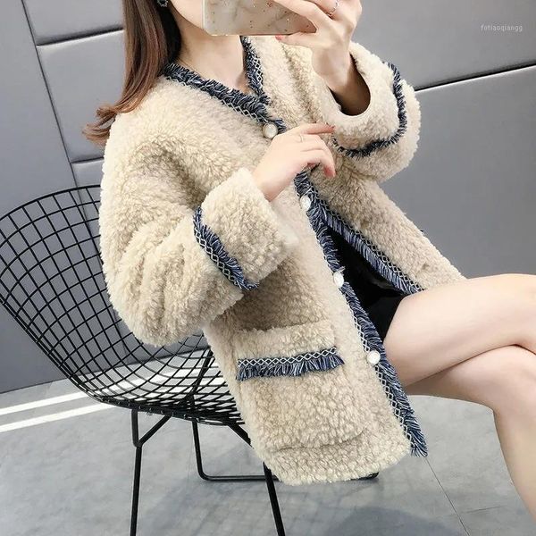 

women's jackets korean fashion patchwork tassels women jacket faux lamb fur warm casual loose autumn winter coat chic all-match female, Black;brown