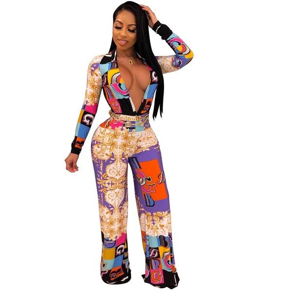 

women's jumpsuits & rompers european design v neck jumpsuit for women vintage print full length long romper wide leg pants female dsmr9, Black;white
