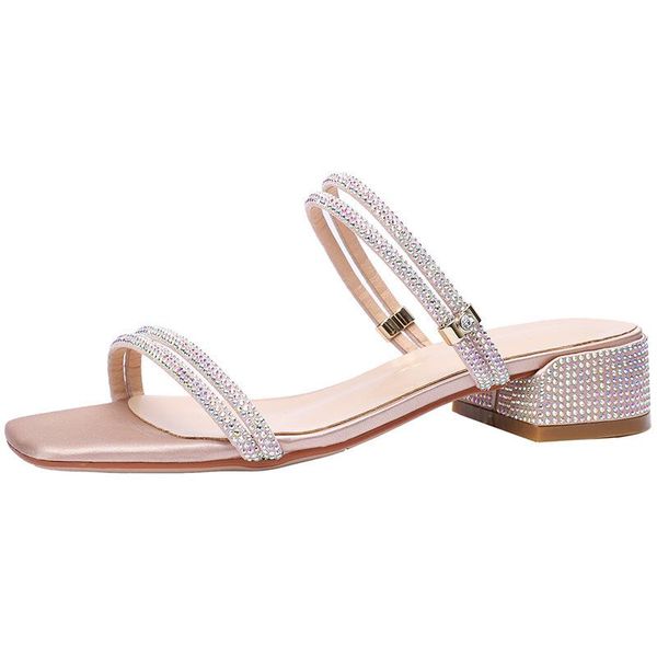 

brand women sandals summer shoes silk rhinestones 3.5cm thick high heels square toe shallow back strap size 35-40, Black