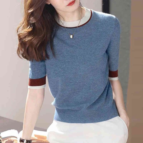 

women's t-shirt contrast color short knitted t-shirt for women fashion sleeve pullover female korean style summer o-neck knitwear, White