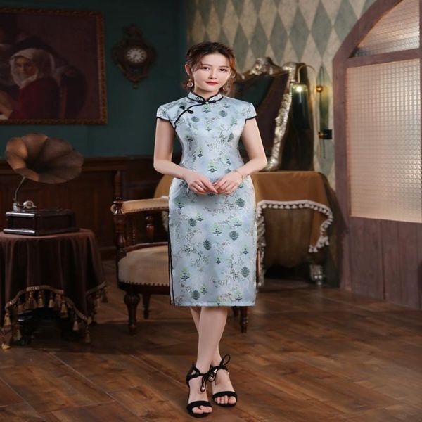 

spring summer women elegant short sleeve cheongsam slim vintage mid-length dress chinese traditional costumes ethnic clothing, Red