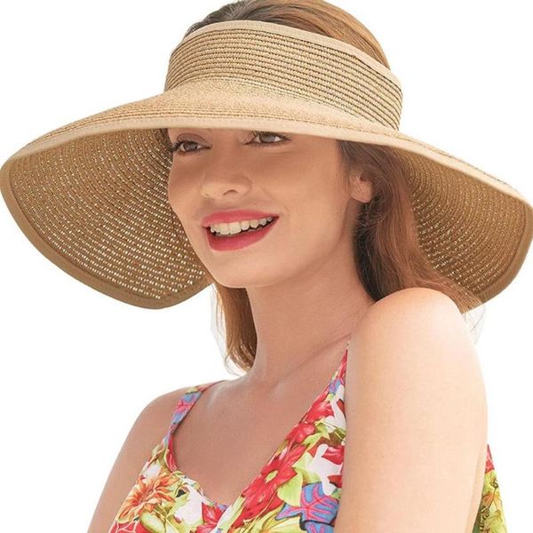

outdoor hats magic tape panama women straw hat empty 2021 summer sun protection upf 50+ wide brim sports beach cap, Black;white
