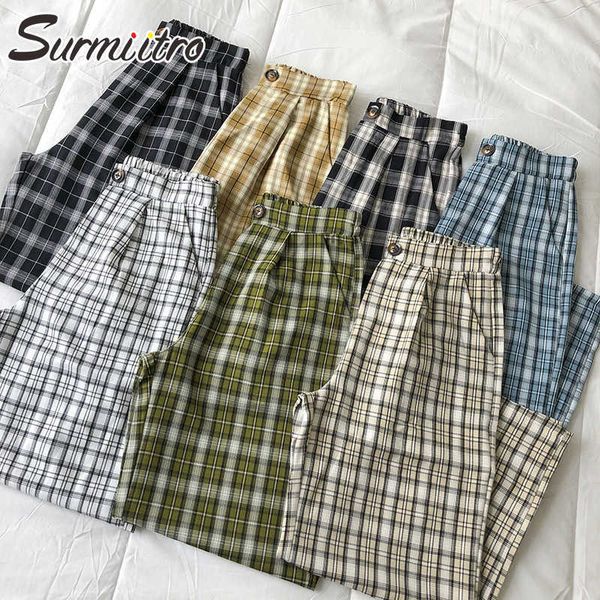 

surmiitro plaid wide leg baggy pants women spring summer korean style ankle length female high elastic waist trousers 210712, Black;white