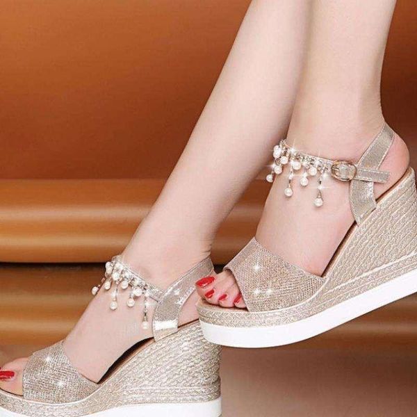 

sandals summer women 2021 bead string wedges shoes thick bottom platform, Black