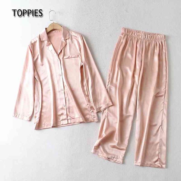Toppies Pink Silk Pajamas Женщины сексуальные сонные одежды Pijama Mujer два куска набор женские рубашки с длинным рукавом и брюки 210412