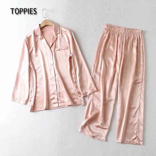 Toppies rosa seda pijama mulheres sexy sleepwear pijama mujer dois pedaço conjunto feminino camisas de manga comprida e calças 210412