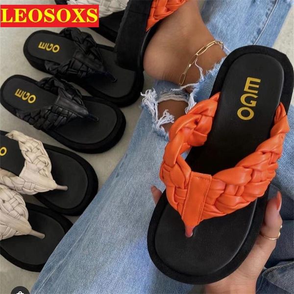 

slippers thick-soled comfortable women's pu woven barefoot open-toe flip-toe women fashion shoes, Black