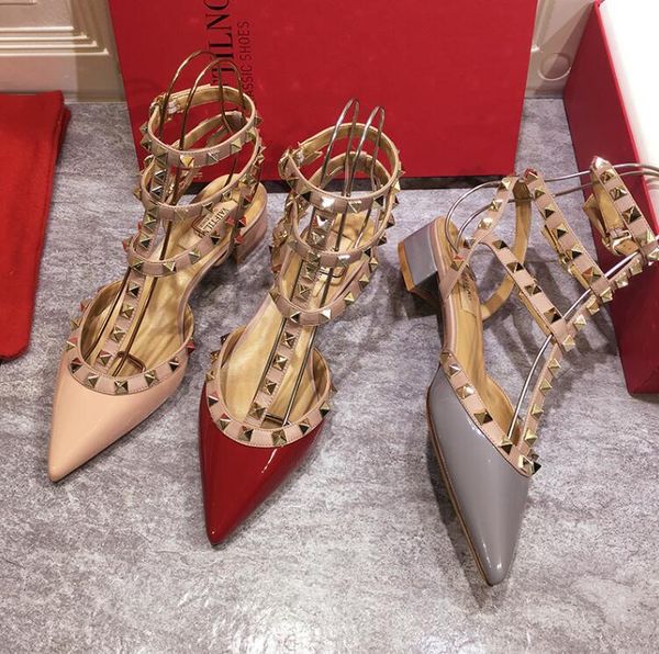 

sandals luxury sandels 2021 summer genuine leather rivets sandal 3cm square pointed toe women high heel wedding shoes, Black