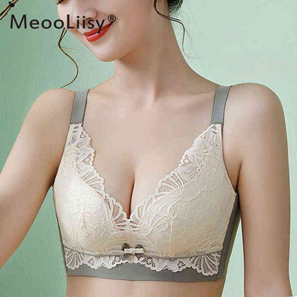 MeooLiisy Francês Sexy Lace Sutiã Com Acolchoado Ultra Fino Sem Fio Soft Court Estilo Botão Underwear Mulheres Lingerie Push Up Bra 211217