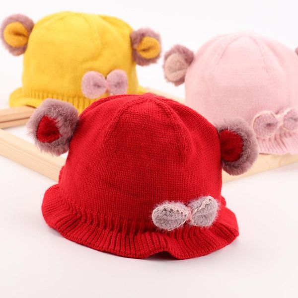 

caps & hats 5 month-2 year toddler knit hat autumn winter beanies bow children's bucket boy child cap baby girl infant, Yellow