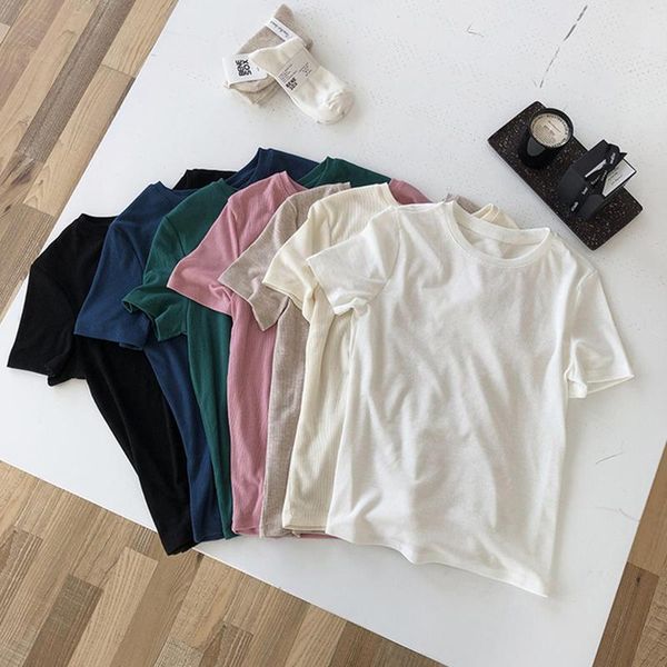 

women's t-shirt elastic 2021 brand t-shirts round collar pure color short-sleeved womens t shirt for female woman clothing, White