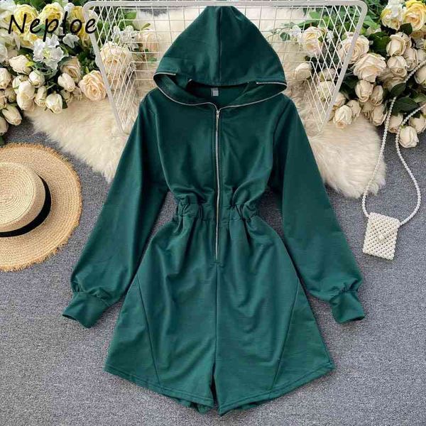 

simple solid color casual hoodies women jumpsuit loose slim waist zipper femme playsuits fashion bodysuit 210430, Black;white