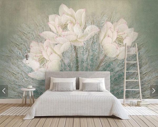 

wallpapers custom 3d mural wallpaper european, lotus retro flowers fresco for living room bedroom dining backdrop home decor