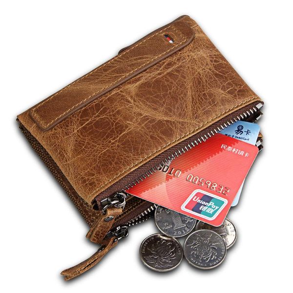 

limited edition men's wallet rfid anti-theft brushed leather short double zipper coin purse wallets, Red;black