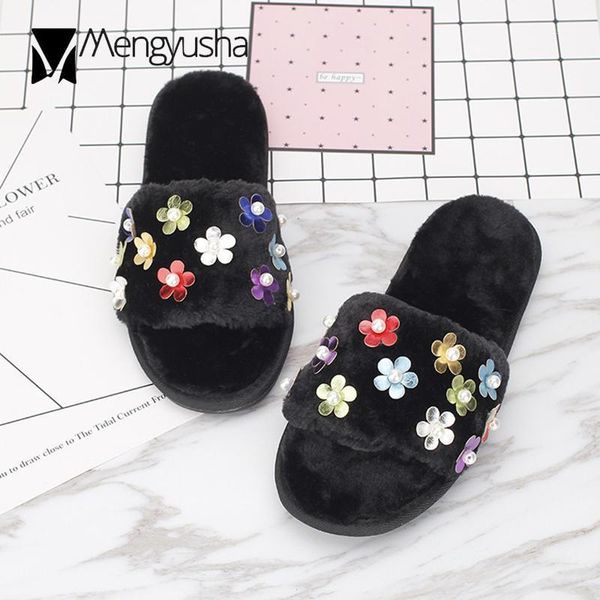 

slippers winter warm home women colorful bling flowers fur flip flops mujer size 35-44 girls indoor floral 20211, Black
