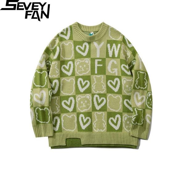 

men's sweaters seveyfan full seal jacquard black loose cotton kintwear hip hop pullover sweater for couples, White;black