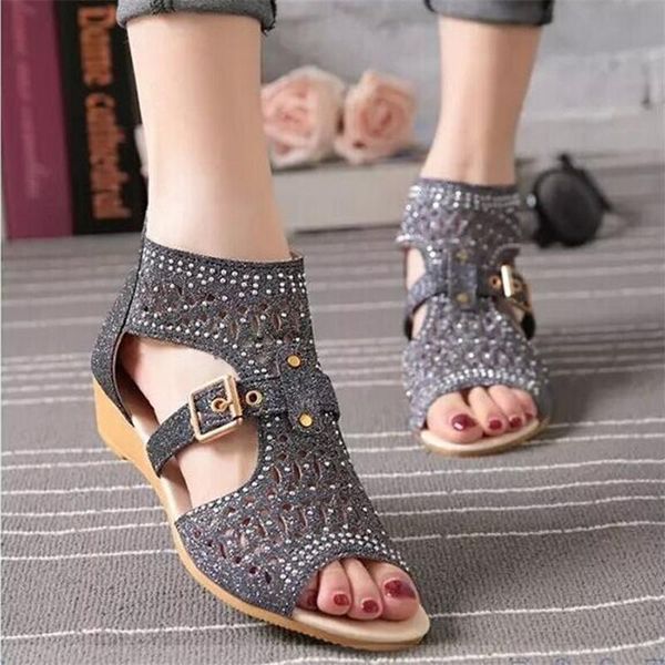 

summer 2021 women's high fish mout hollow sandal rear zip wedge heel diamond roman shoes sandals, Black