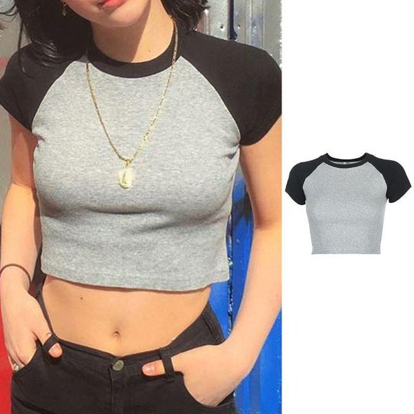 

women's t-shirt shirt women summer raglan short sleeve contrast color bodycon o-neck crop top, White