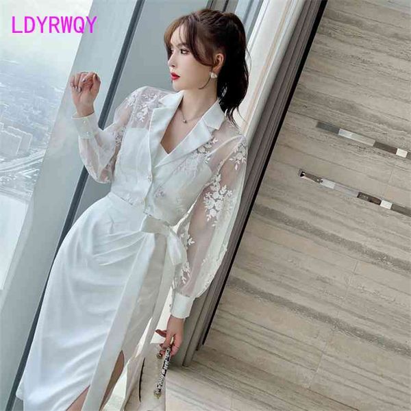

spring dress femininity fashion suit heavy work two-piece set regular drawstring knee-length 210603, White
