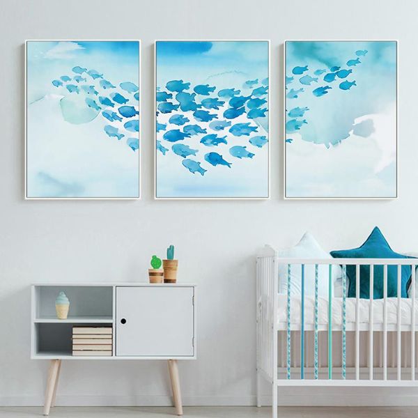 

canvas painting abstract poster cartoon blue fish group wall art decorative pictures print for nursery children room home decor paintings