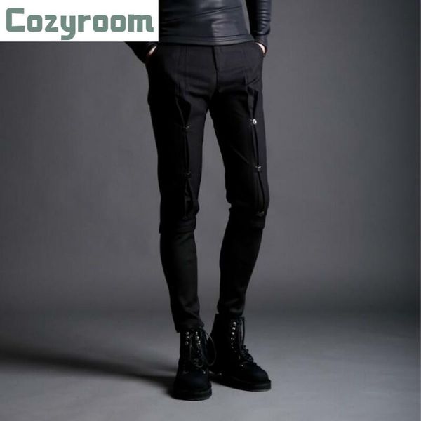 

spring hook and buckle stretch slim pants korean personality tide m fake two small bound feet casual trousers men's, Black