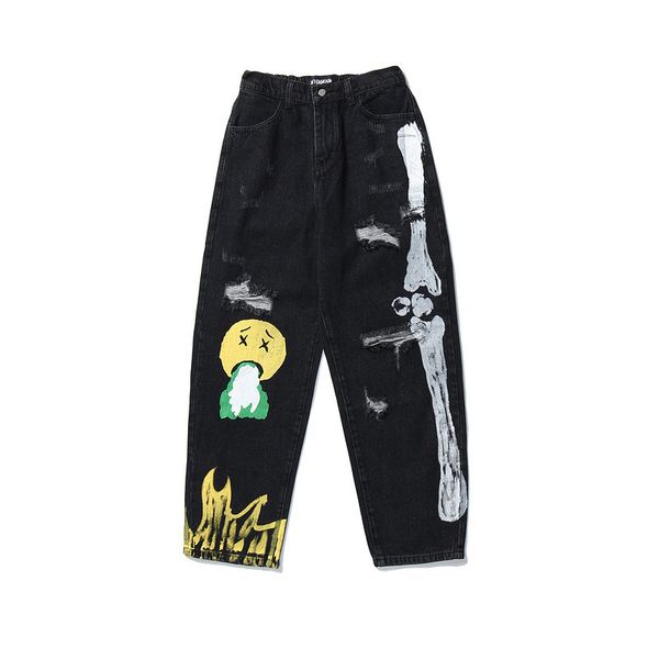 

men's pants high street jeans with holes, loose fitting smiling face and bone print, Black