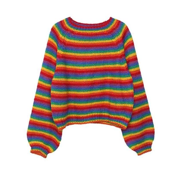 

korean rainbow knitted sweater women runway jumpers loose women's clothes autumn plus size casual female pullovers 210812, White;black