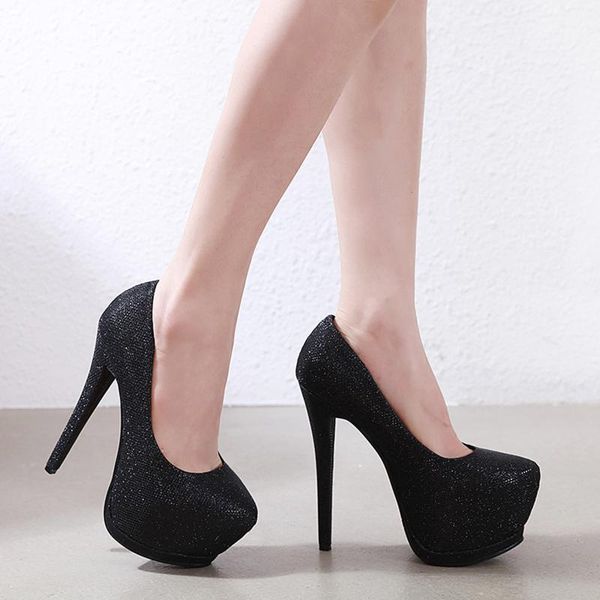 

dress shoes nightclub shiny high heel waterproof platform shallow mouth fashion women's 16cm, Black