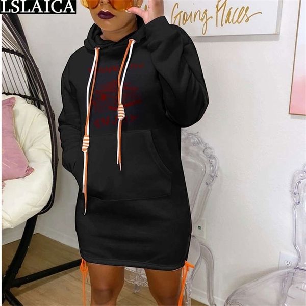 Hoodie Sweatshirt Kleid Frauen Brief Drucken Casual Langarm Tasche Kordelzug Mini Herbst Pullover Plus Größe 210515