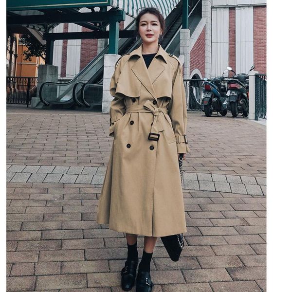 

women's trench coats korean fashion loose plus size long women belted cloak windbreaker spring autumn outerwear jackets casaco feminino, Tan;black