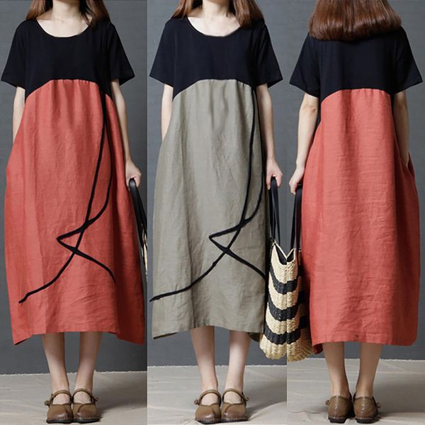 

summer patchwork print stitching womens dress cotton and linen contrast round neck short sleeved casual daily, Black;gray