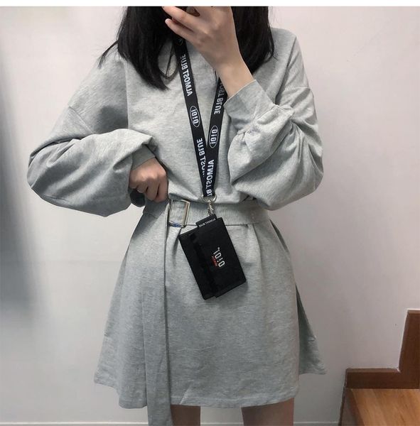 

20217 colors 2021 spring and autumn solid color long sleeve dress women korean style dress women with belt (x218), Black;gray