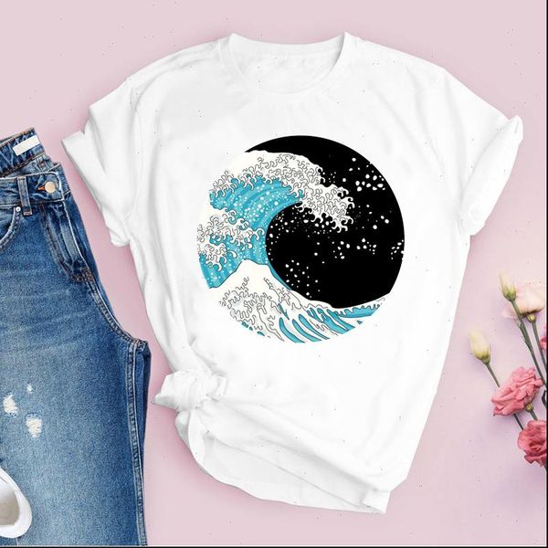 

women graphic wave cute womens aesthetic printing casual 90s short sleeve lady tees clothing female t shirt, White
