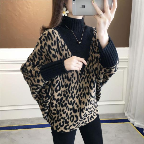 

women's sweaters high-neck fashion leopard woman's sweater wear loose turtleneck high-knit batmobile female jacket 1saa, White;black