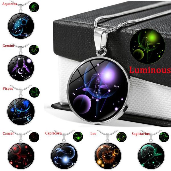 

pendant necklaces 12 constellation necklace glow in the dark jewelry crystal cabochon glass stainless steel chain women gifts, Silver