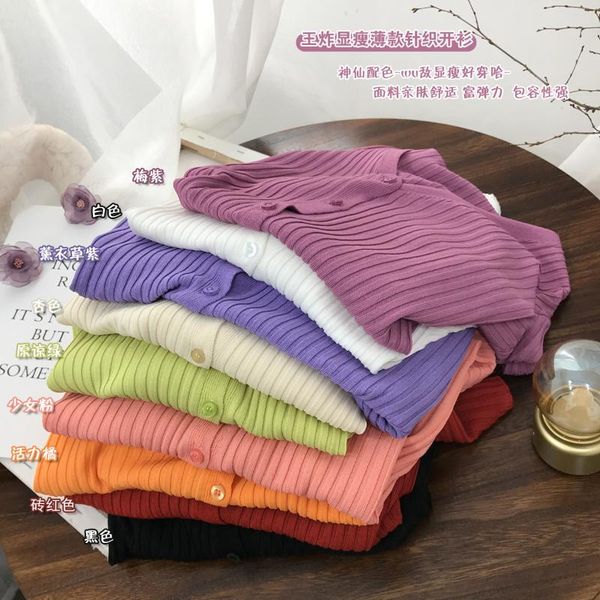 

women's knits & tees summer 2021 long sleeve thin knit sweater cotton cardigan slim solid color daily leisure travel girl top, White