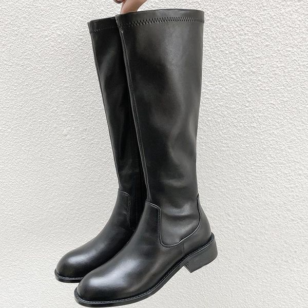 

boots brand designer faux leather women knee high western cowboy wedge pointed toe woman long chunky heel botas mujer, Black
