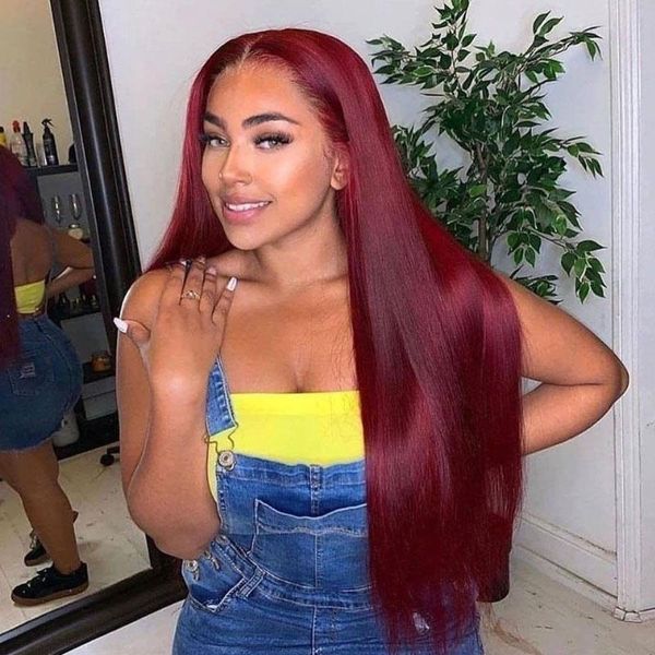 

lace wigs silk straight hair 13x4 front wig human 99j red burgundy pre-plucked 150% remy deep part, Black;brown