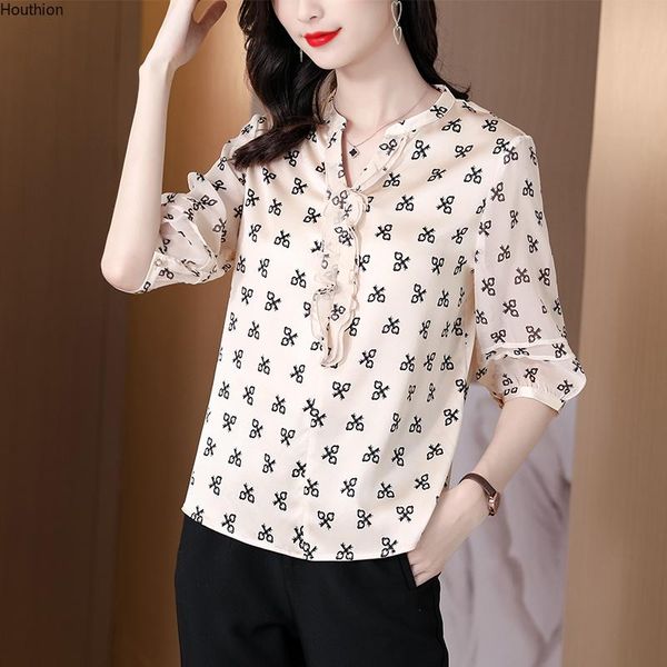 

women's blouses & shirts silk satin loose fashion blouse casual short sleeve blusas v-neck printing shirt summer houthion, White