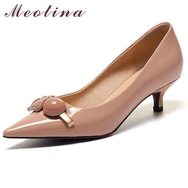 

meotina pointed toe women shoes genuine leather mid heel pumps crystal string bead fashion shoes stiletto heels footwear pink 210520, Black