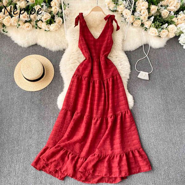 

neploe v neck ruffles patchwork sleeveless dress women holiday multicolor bohemian long vestidos high waist hip slim robe slim 210423, Black;gray