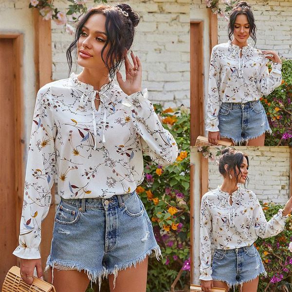 

women's blouses & shirts fashion white floral chiffon women o-neck full sleeve summer shirt loose streetwear casual spring autumn blus