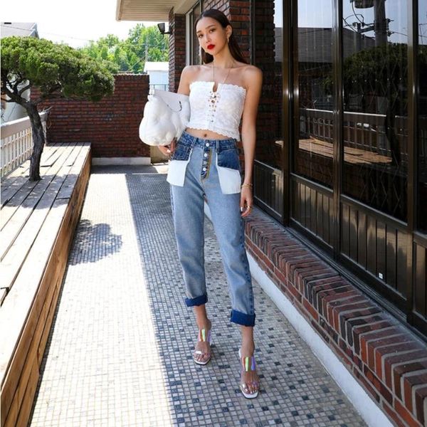 

women's jeans woman denim trousers for women high waist hit colors patchwork pockets ankle length female spring autumn casual 8eyr, Blue