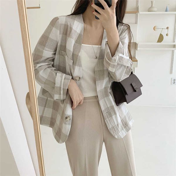 

han edition contracted small cotton and linen suit jacket female and fresh color matching grid thin air-conditioning jackets 210706, White;black