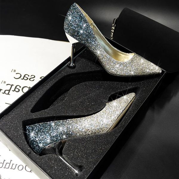 

dress shoes wedding female 2021 crystal sequins ladies high heels pointed, Black