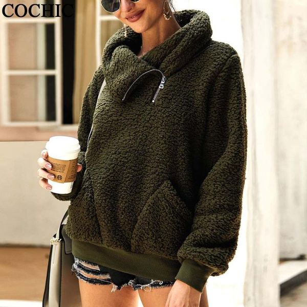 

women turndown collar thick warm fleece zipper autumn winter pullover solid pocket sweatshirt women's hoodies & sweatshirts, Black